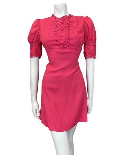 VINTAGE 60s 70s FUCHSIA PINK DAISY SCALLOPED EMPIRE MOD SHORT DRESS 8