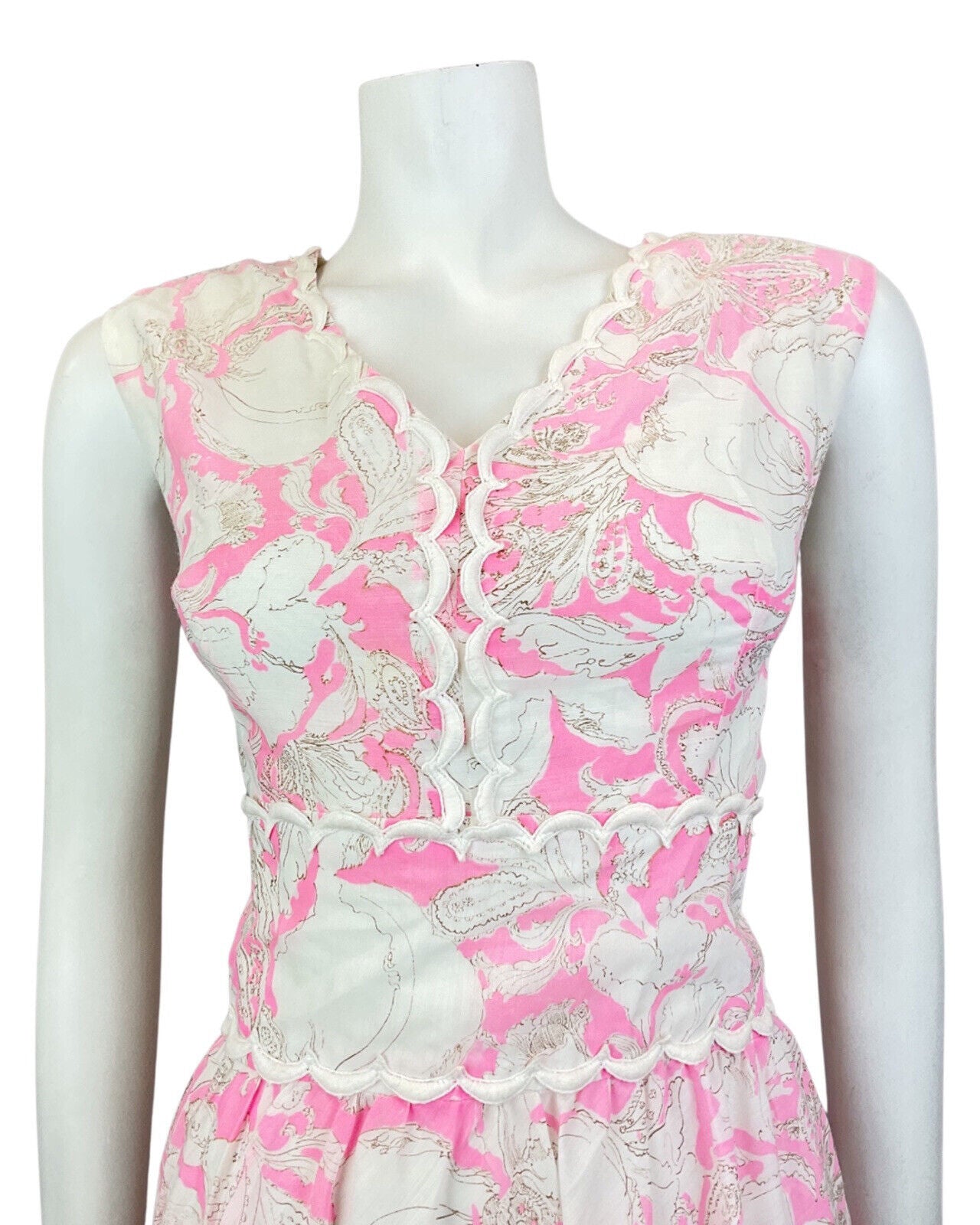VINTAGE 60s 70s BRIGHT PINK WHITE FLORAL SCALLOPED SLEEVELESS DRESS 12 14