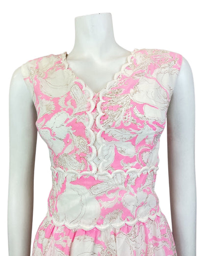 VINTAGE 60s 70s BRIGHT PINK WHITE FLORAL SCALLOPED SLEEVELESS DRESS 12 14