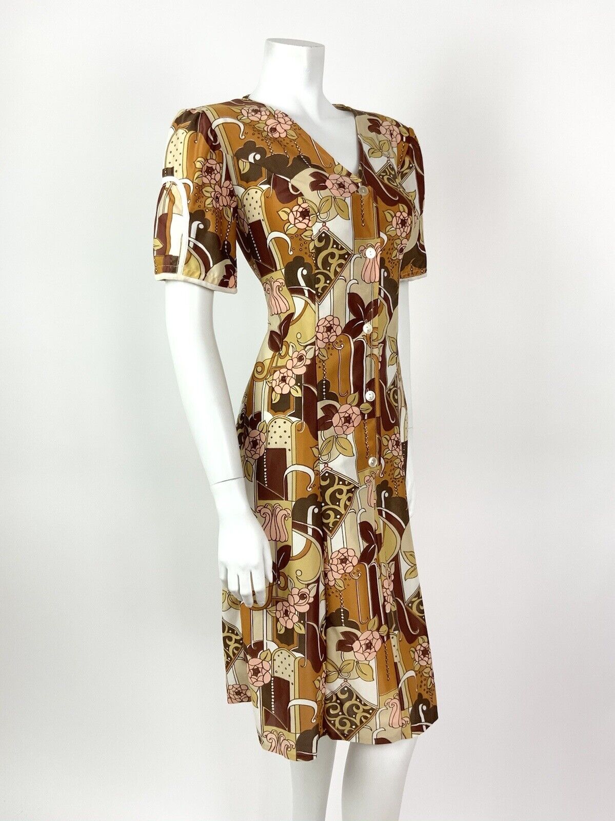 VINTAGE 60s 70s BROWN YELLOW RED PINK FLORAL GEOMETRIC BUTTONED DRESS 8 10