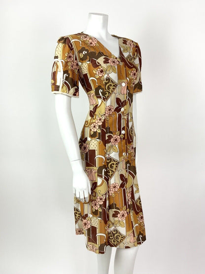 VINTAGE 60s 70s BROWN YELLOW RED PINK FLORAL GEOMETRIC BUTTONED DRESS 8 10