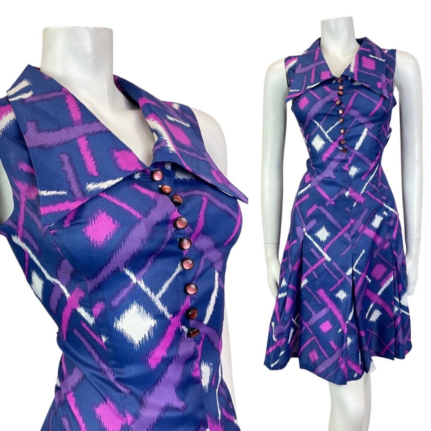 VTG 60s 70s BLUE PURPLE PINK STRIPED GEOMETRIC WING COLLAR MOD SWING DRESS 10 12