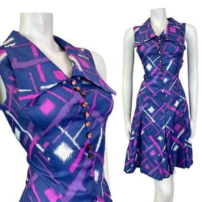 VTG 60s 70s BLUE PURPLE PINK STRIPED GEOMETRIC WING COLLAR MOD SWING DRESS 10 12
