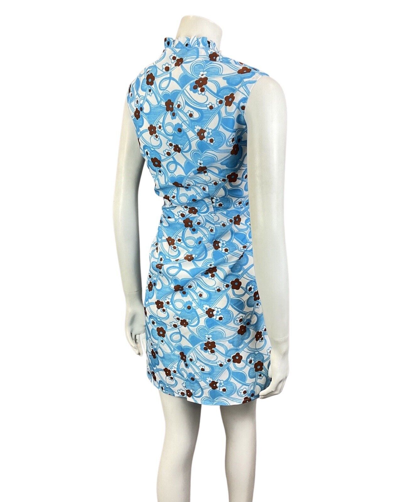 VINTAGE 60s 70s BLUE WHITE BROWN PSYCHEDELIC DAISY FLOWER MOD WIGGLE DRESS 14 16