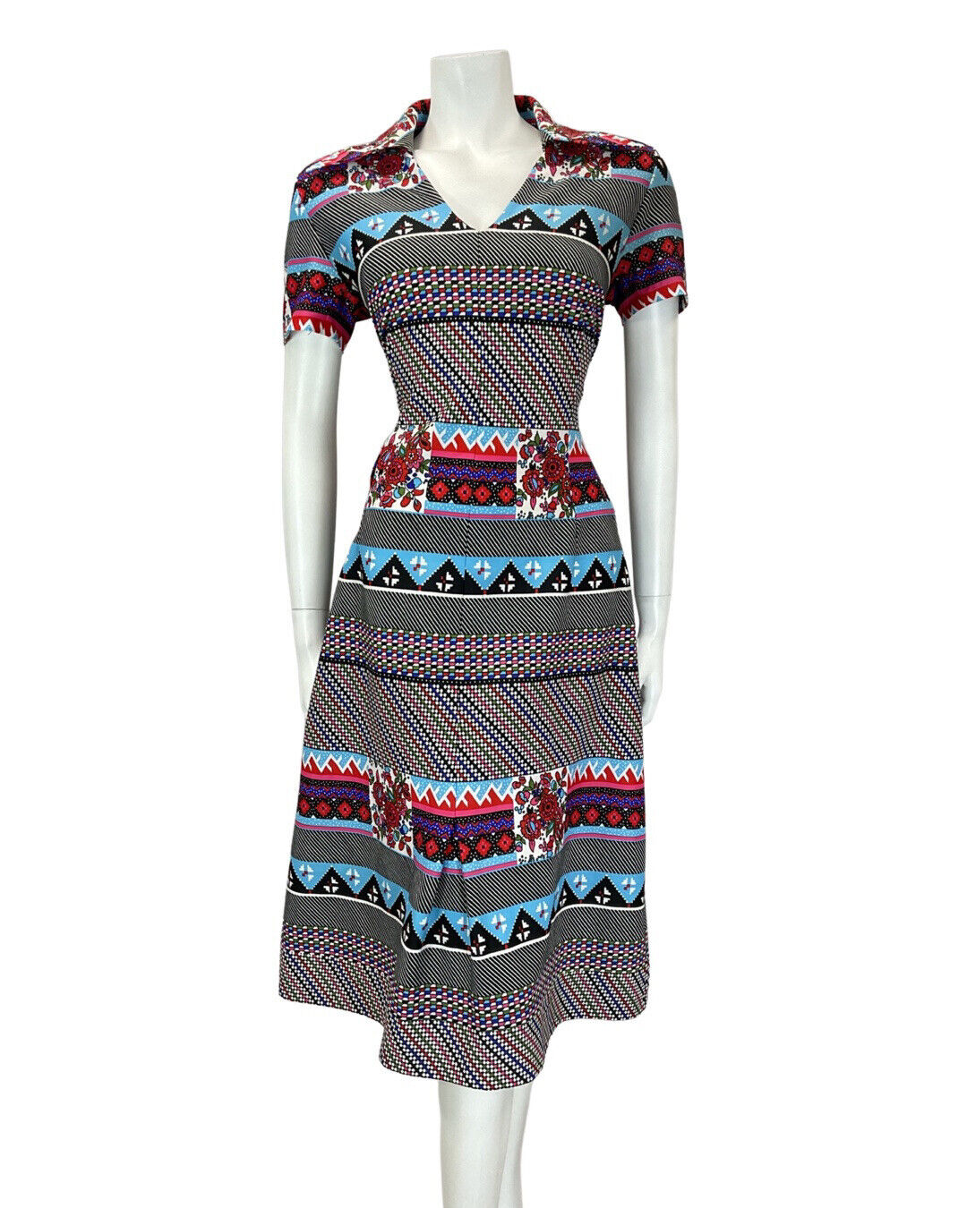 VINTAGE 60s 70s BLACK RED BLUE POLKA-DOT GEOMETRIC MOD DAGGER SHIRT DRESS 12 14
