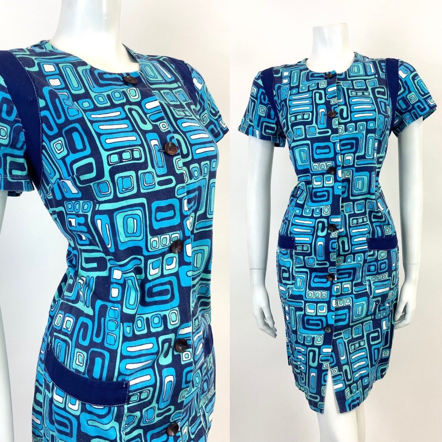 VINTAGE 60s 70s BLUE NAVY MINT GEOMETRIC PSYCHEDELIC MOD SHIFT DRESS 12 14