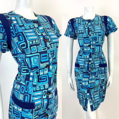 VINTAGE 60s 70s BLUE NAVY MINT GEOMETRIC PSYCHEDELIC MOD SHIFT DRESS 12 14
