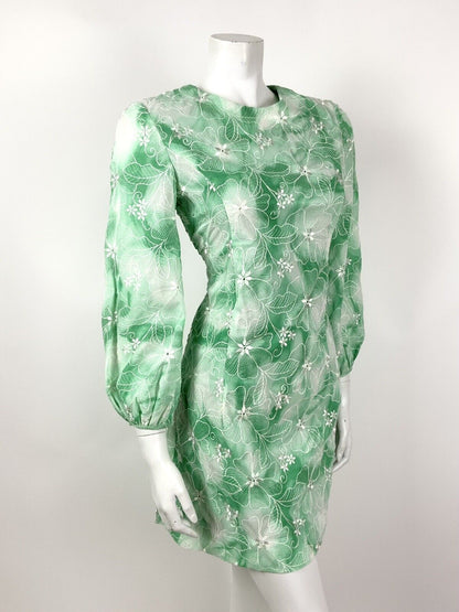 VINTAGE 60s 70s GREEN APPLE WHITE TIE-DYE FLORAL EMBROIDERED MOD DRESS 10