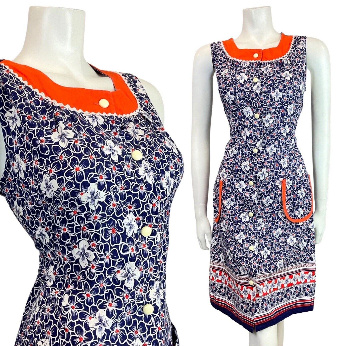 VINTAGE 60s 70s NAVY BLUE WHITE ORANGE RICRAC FLORAL SLEEVELESS MOD DRESS 10 12