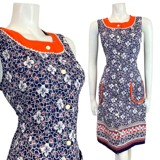 VINTAGE 60s 70s NAVY BLUE WHITE ORANGE RICRAC FLORAL SLEEVELESS MOD DRESS 10 12