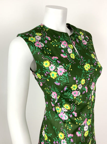 VINTAGE 60s 70s PINE GREEN PINK YELLOW PURPLE FLORAL DOTTY SLEEVELESS DRESS 12