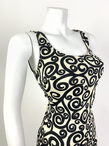 VTG 60s CREAM BLACK SWIRLING SCROLL MOD SWIM BODY BATHING SUIT 12 14