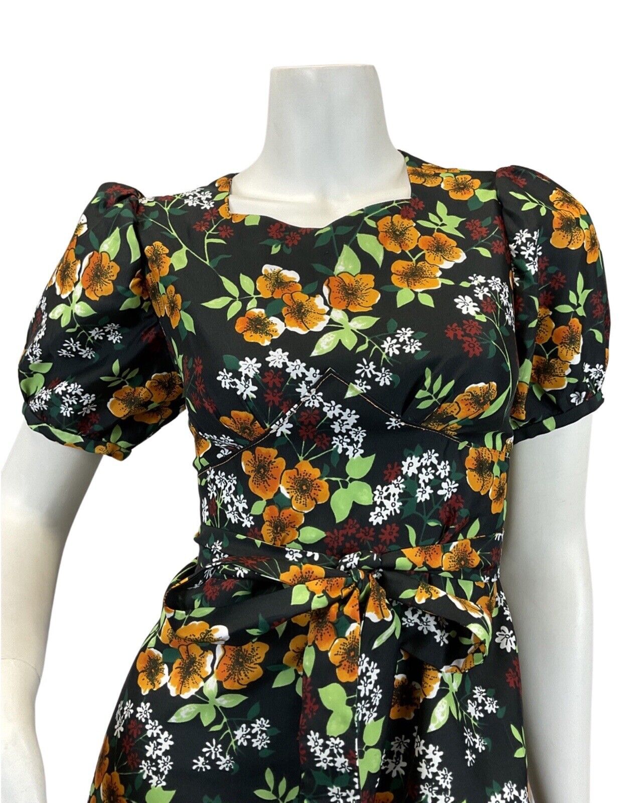 VTG 60s 70s BLACK ORANGE RED FLORAL PSYCHEDELIC PUFF SLEEVE MOD MAXI DRESS 8 10