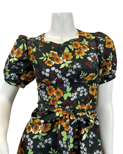 VTG 60s 70s BLACK ORANGE RED FLORAL PSYCHEDELIC PUFF SLEEVE MOD MAXI DRESS 8 10