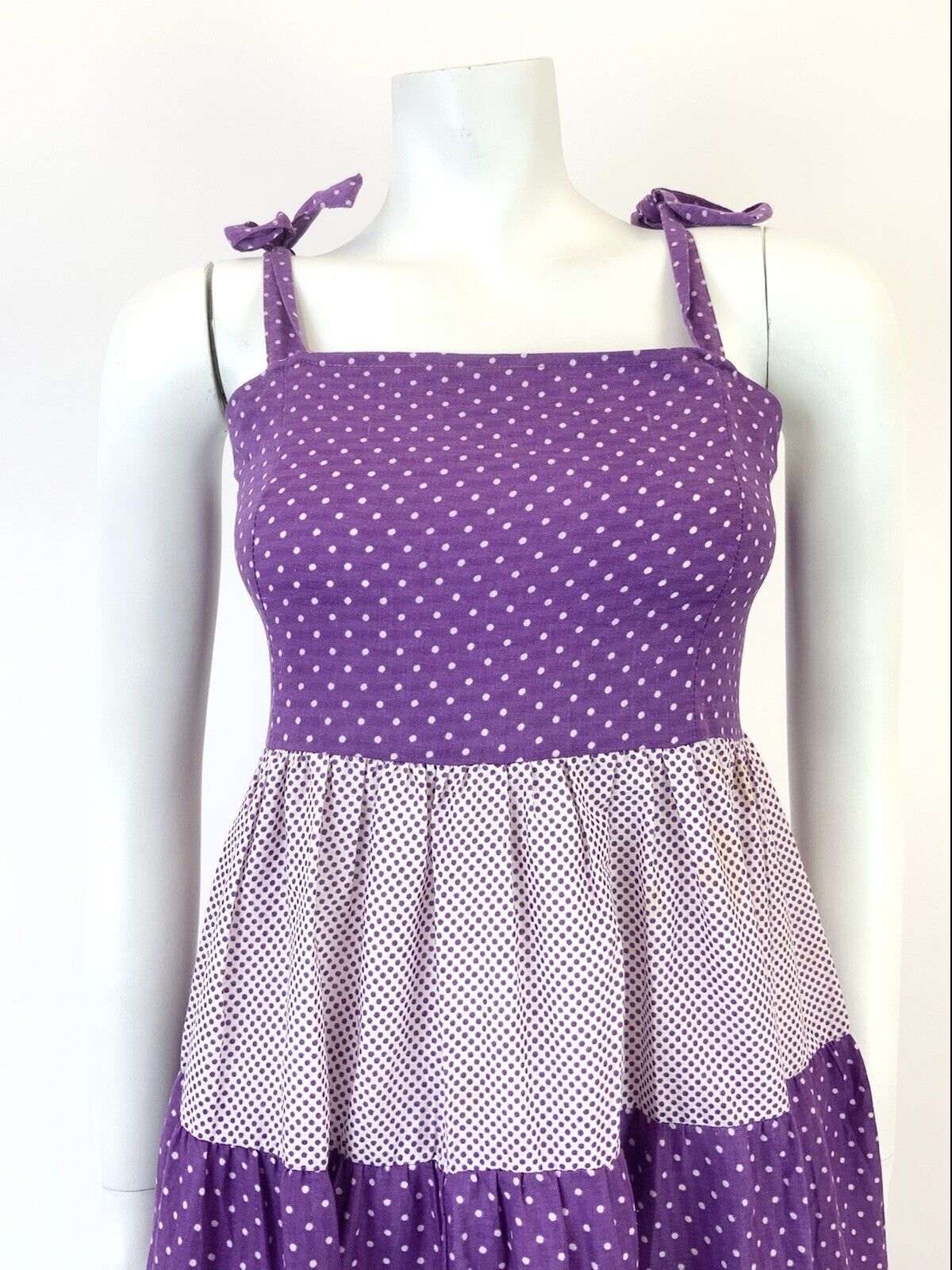 VINTAGE 60s 70s PURPLE WHITE POLKA-DOT TIERED STRAPPY BOHO TENT SUN DRESS 8 10