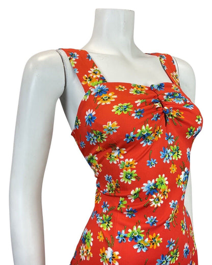 VINTAGE 60s 70s RED BLUE GREEN FLORAL APRON SUMMER SUN DRESS 8