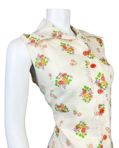 VINTAGE 60s 70s CREAM RED GREEN FLOWER APPLE PEAR MOD DAGGER SHIRT DRESS 14 16