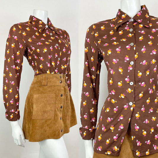 VINTAGE 60s 70s BROWN PINK YELLOW BIRD FLAMINGO MOD DAGGER SHIRT BOUSE 12 14