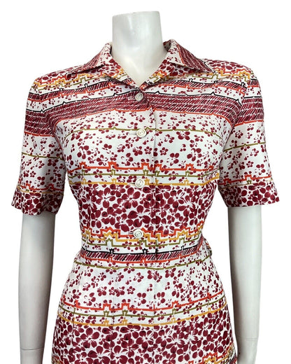 VINTAGE 60s 70s WHITE RED GOLD FLORAL PETAL STRIPED DAGGER SHIRT DRESS 14 16