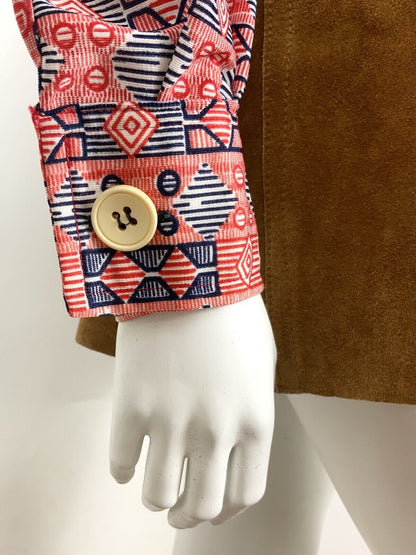 VINTAGE 60s 70s RED BLUE WHITE GEOMETRIC MOD DAGGER COLLAR SHIRT BLOUSE 16 18