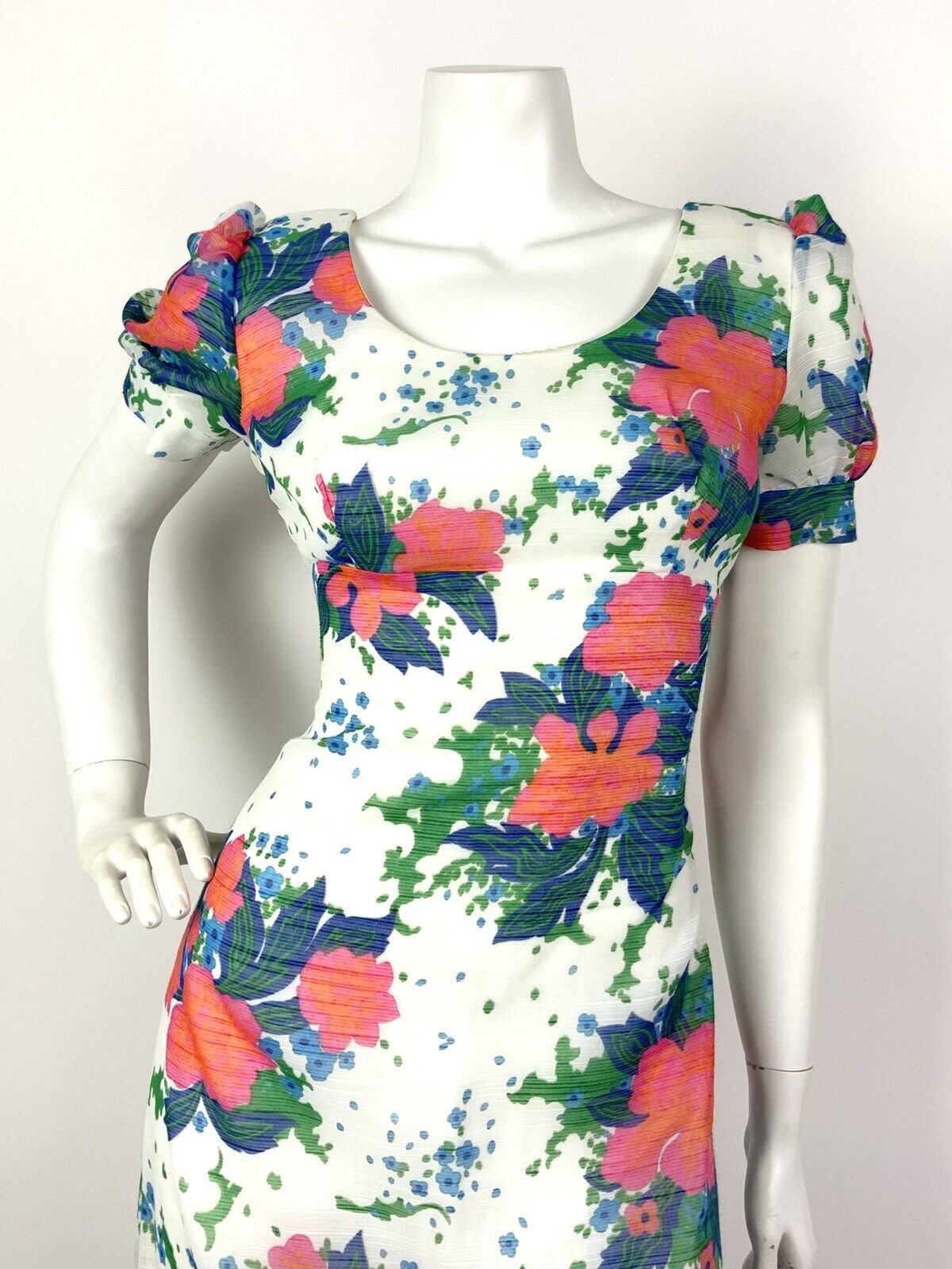 VINTAGE 60s 70s WHITE PINK ORANGE BLUE FLORAL DITSY RUFFLED SHEER MAXI DRESS 10