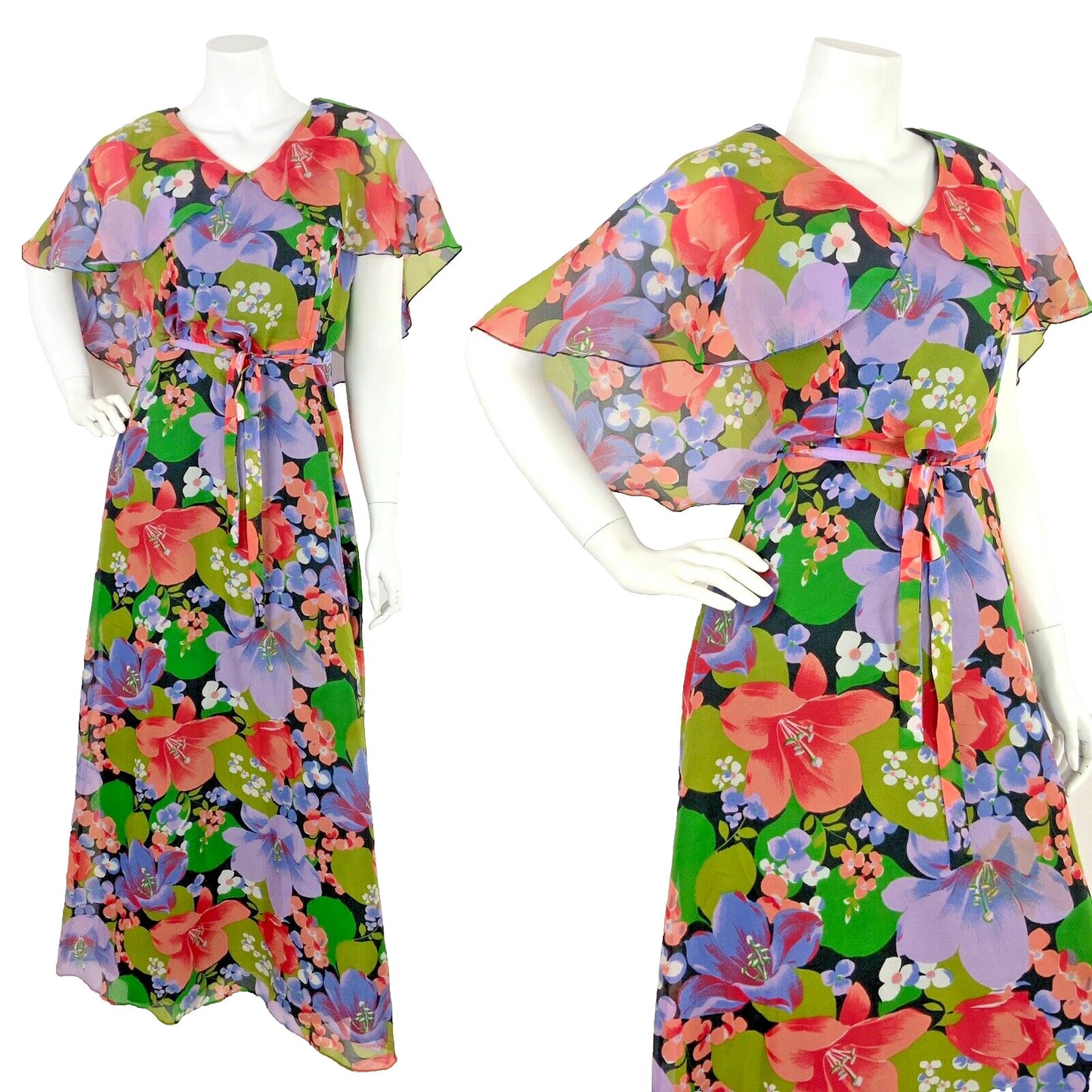 VINTAGE 60s 70s FLORAL MAXI SUMMER DRESS CAPE SLEEVE BLACK GREEN PURPLE PINK 10