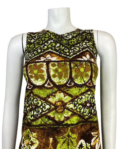 VTG 60s 70s GREEN BROWN WHITE FLORAL GEOMETRIC HAWAIIAN TIKI SHIFT DRESS 8 10