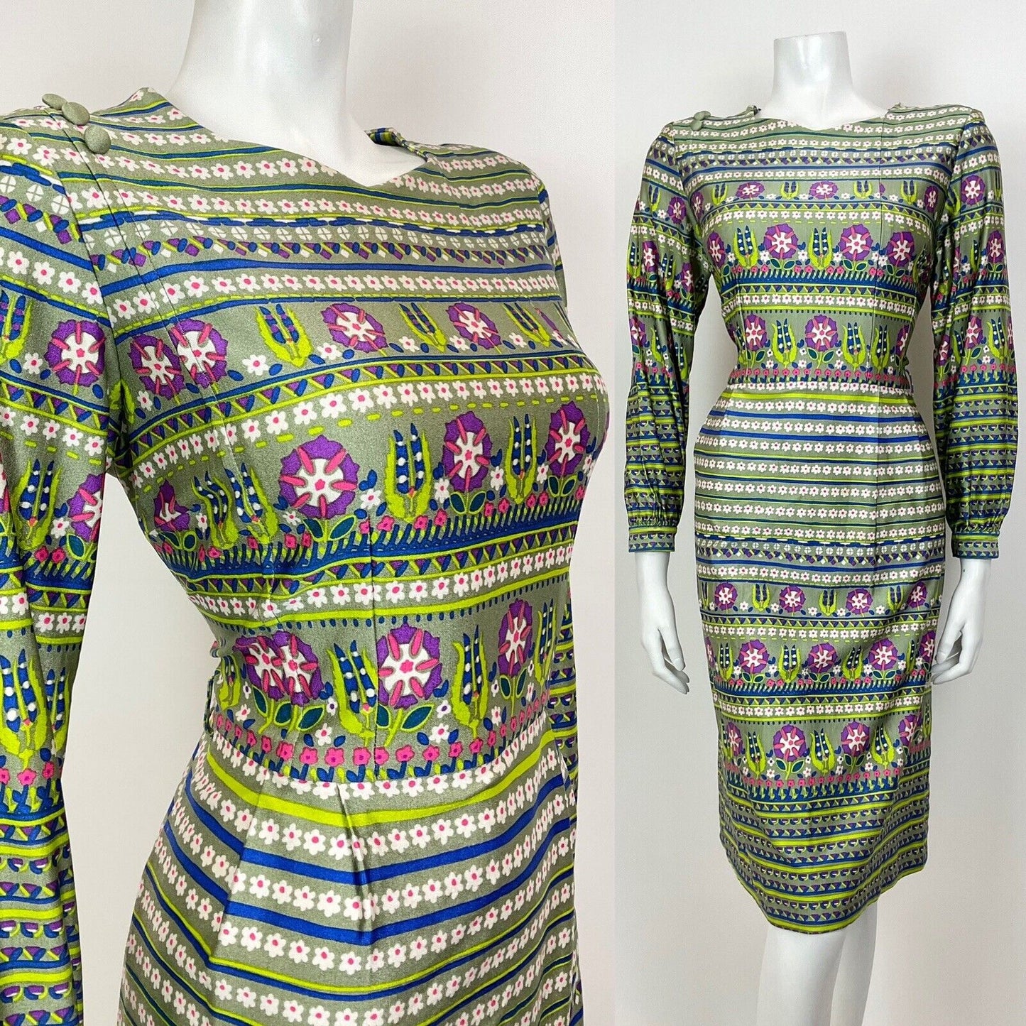 VTG 60s 70s GREEN BLUE PURPLE STRIPED DAISY GEOMETRIC MOD LONGSLEEVE DRESS 12 14