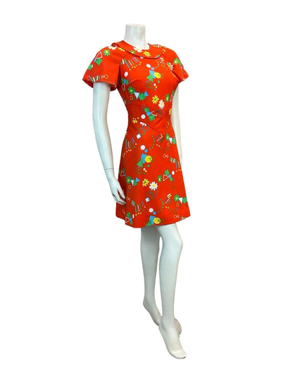 VTG 70S GEOMETRIC FLORAL DAISY MINI DRESS RED GREEN BLUE YELLOW 6 8