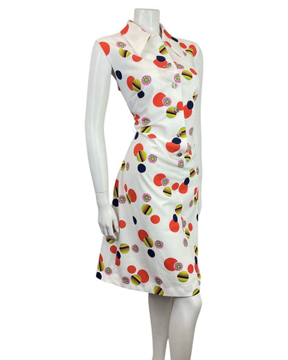 VINTAGE 60s 70s WHITE RED PINK STRIPED DAISY DOTTY MOD SLEEVELESS SHIRT DRESS 16
