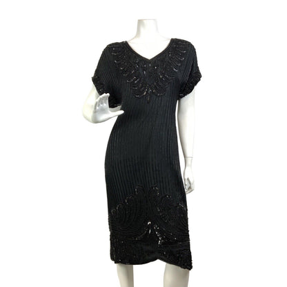 VINTAGE 70s 80s BLACK SEQUIN BEADED FLAPPER STYLE DISCO GLAM PARTY DRESS 14