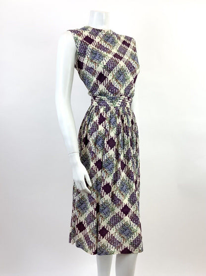 VTG 60s 70s WHITE PURPLE GREEN ORANGE CHECKED PLAID BLOUSON SLEEVELESS DRESS 10