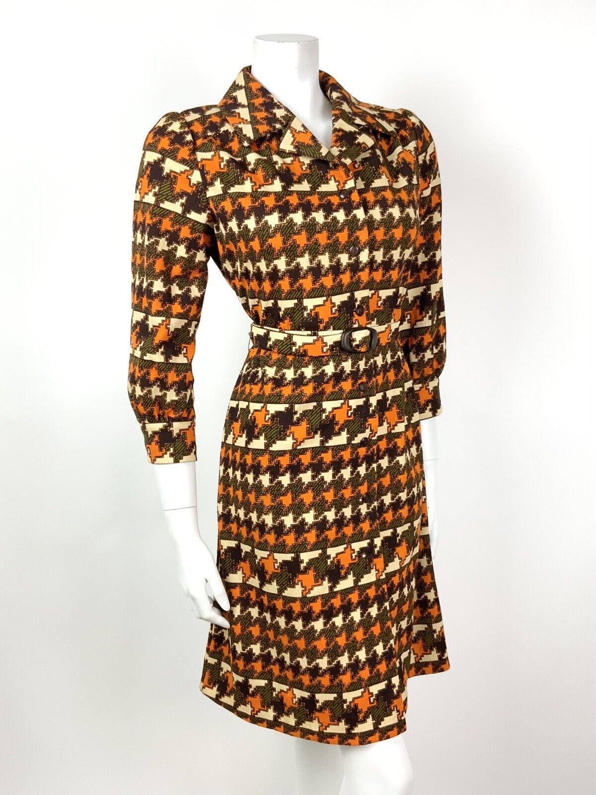 VINTAGE 60s 70s ORANGE BROWN GREEN CREAM GEOMETRIC HOUNDSTOOTH SHIRT DRESS 12 14