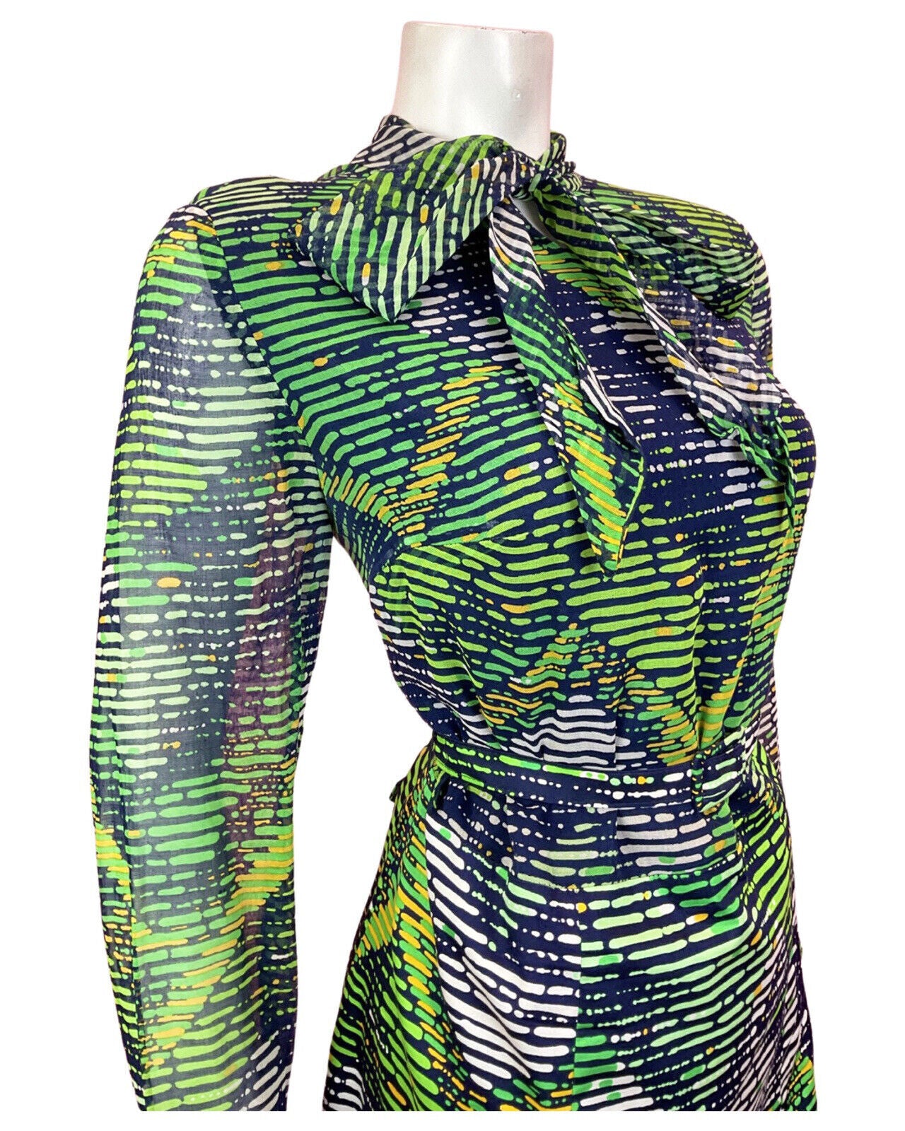 VINTAGE 60s 70s BLUE GREEN WHITE STRIPED PSYCHEDELIC SHEER PUSSYBOW DRESS 14 16