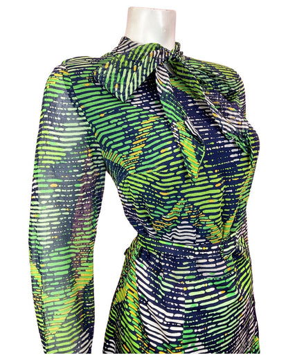 VINTAGE 60s 70s BLUE GREEN WHITE STRIPED PSYCHEDELIC SHEER PUSSYBOW DRESS 14 16