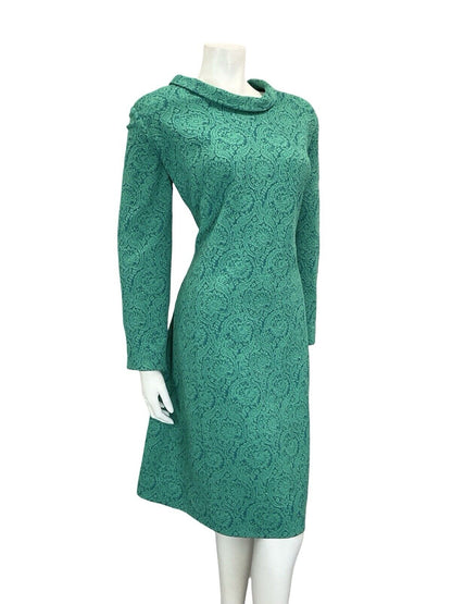 VTG 60S TEAL BLUE GREEN SPARKLY PAISLEY ROUNDED COLLAR PARTY MIDI DRESS 16