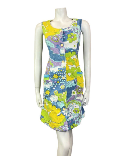 VINTAGE 60s 70s BLUE PURPLE GREEN PSYCHEDELIC FLORAL TERRY TOWEL BEACH DRESS 12