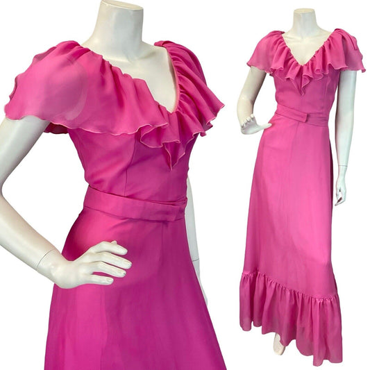 VTG 60S 70S BRIGHT PINK RUFFLE V-NECK MAXI DRESS 8 10