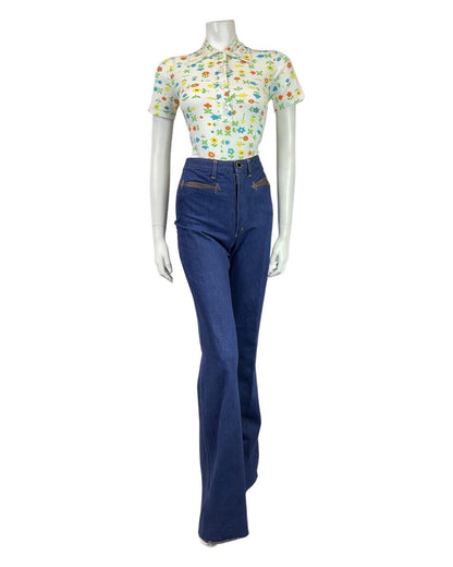 VINTAGE 60s 90s WHITE ORANGE GREEN DAISY TULIP FLORAL MOD SHIRT BODYSUIT 8 10