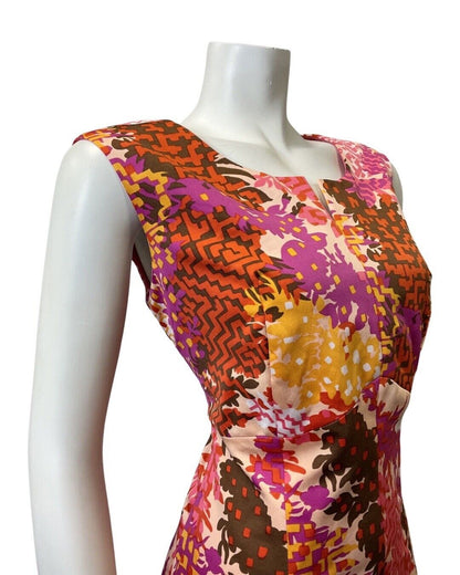VTG 60s 70s PINK PURPLE YELLOW PSYCHEDELIC FLORAL GEOMETRIC SLEEVELESS DRESS 14