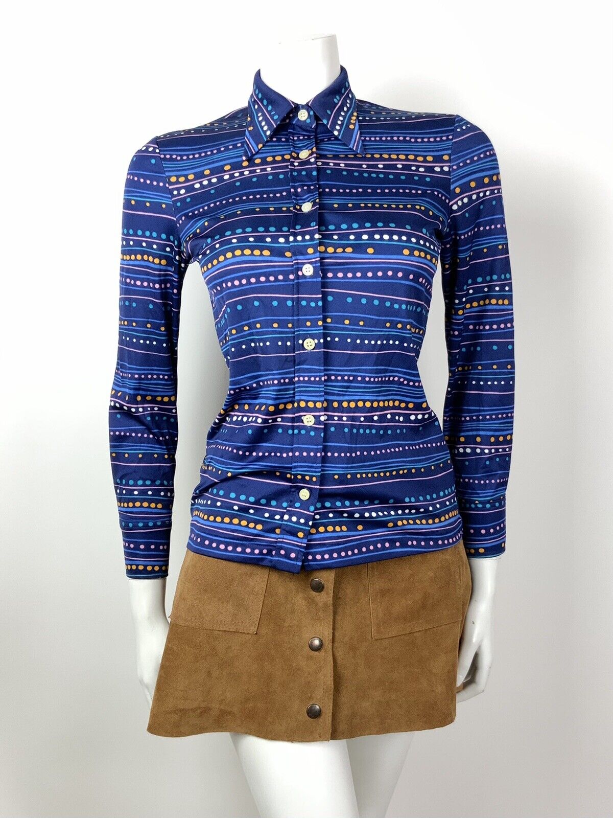 VTG 70s 90s BLUE PINK ORANGE WHITE STRIPED DOTTY PSYCHEDELIC DAGGER SHIRT 8 10