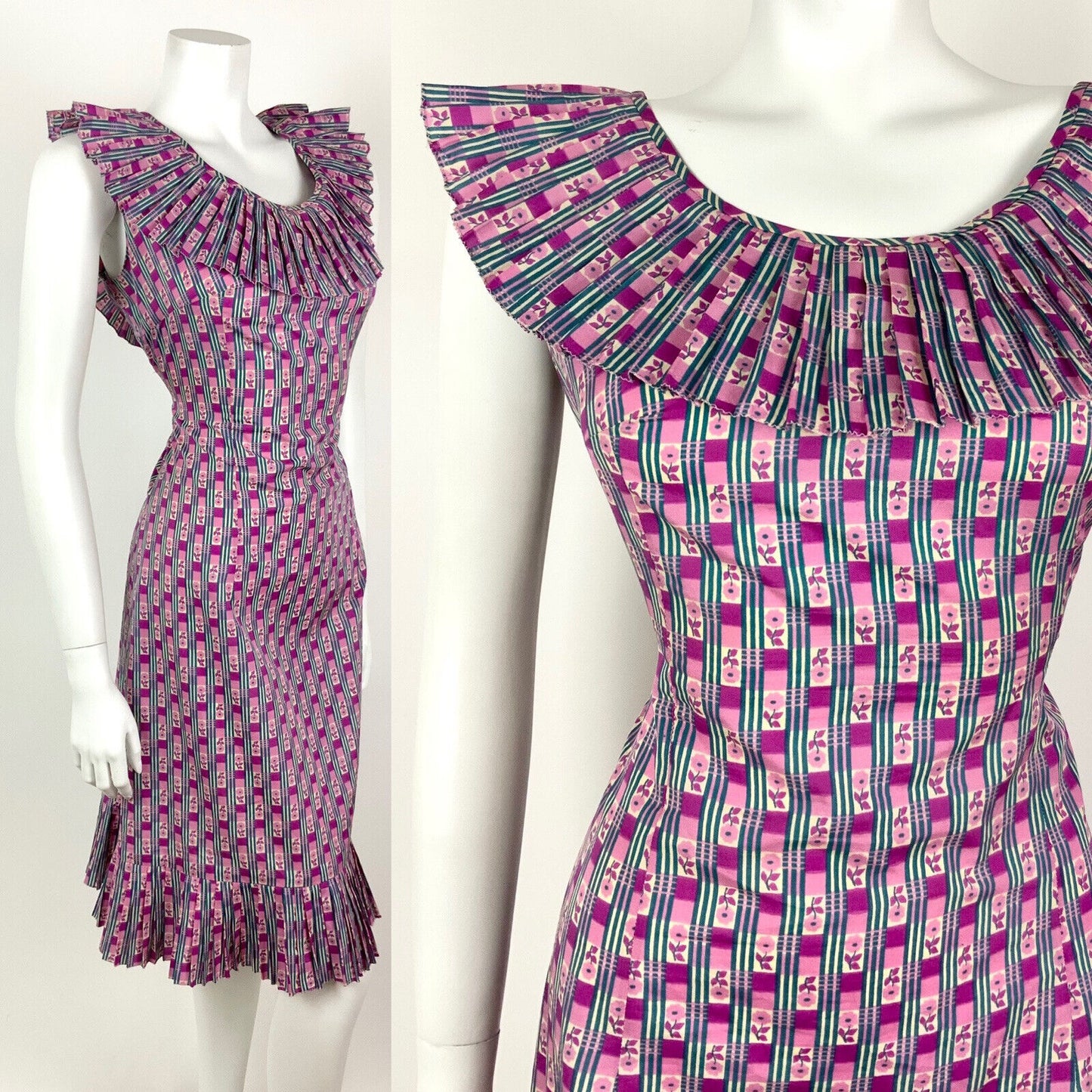 VINTAGE 60s 70s PINK PURPLE WHITE BLUE STRIPED FLORAL DAISY RUFFLE DRESS 12 14