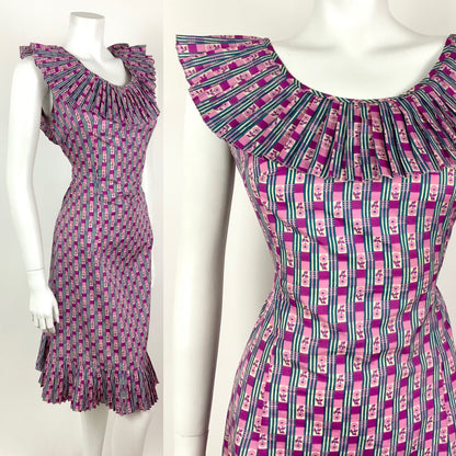 VINTAGE 60s 70s PINK PURPLE WHITE BLUE STRIPED FLORAL DAISY RUFFLE DRESS 12 14