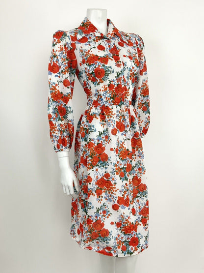 VINTAGE 60s 70s WHITE BLUE GREEN RED FLORAL POPPY DAGGER SHIRT DRESS 10