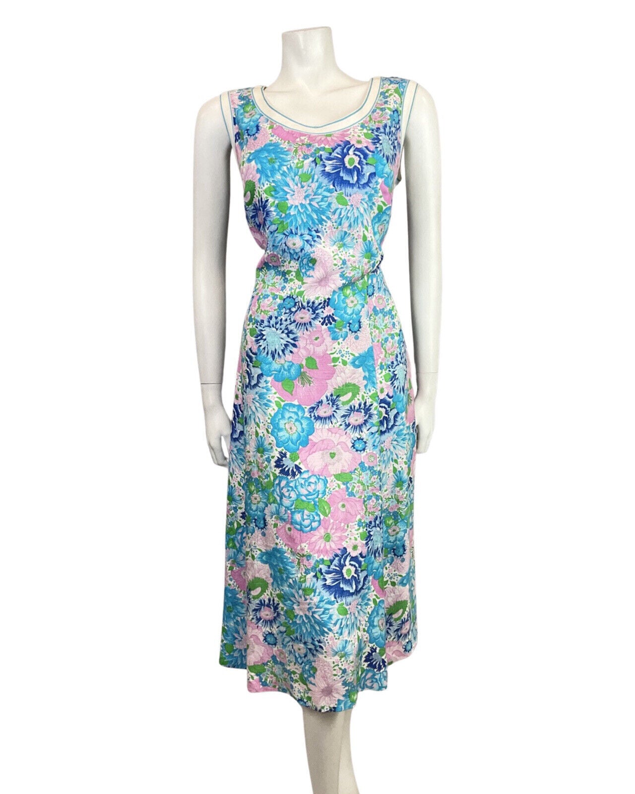 VINTAGE 60s 70s BLUE PINK WHITE FLORAL BOTANICAL SLEEVELESS SUMMER DRESS 14