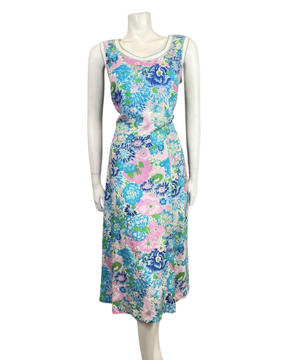 VINTAGE 60s 70s BLUE PINK WHITE FLORAL BOTANICAL SLEEVELESS SUMMER DRESS 14