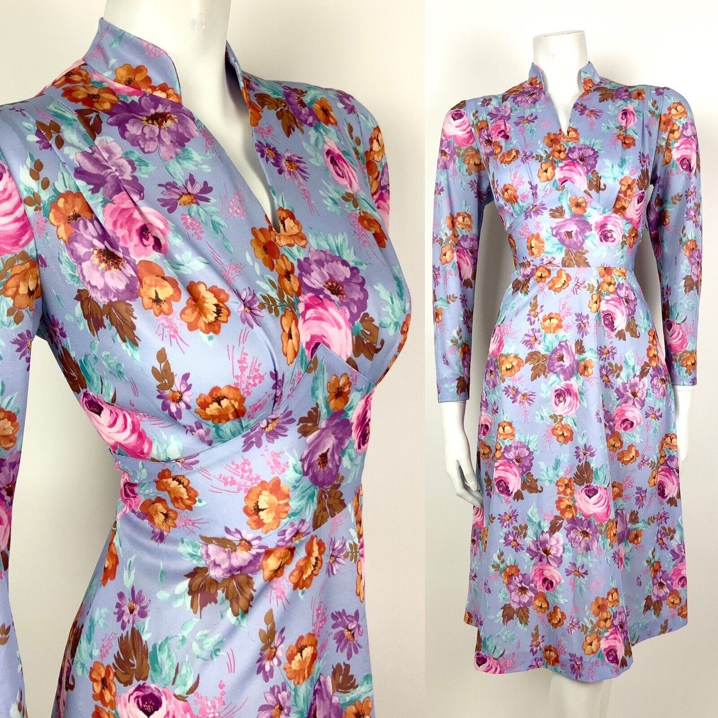 VINTAGE 60s 70s LILAC PINK BLUE ORANGE FLORAL MANDARIN COLLAR SWING DRESS 10 12