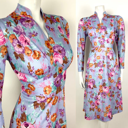 VINTAGE 60s 70s LILAC PINK BLUE ORANGE FLORAL MANDARIN COLLAR SWING DRESS 10 12