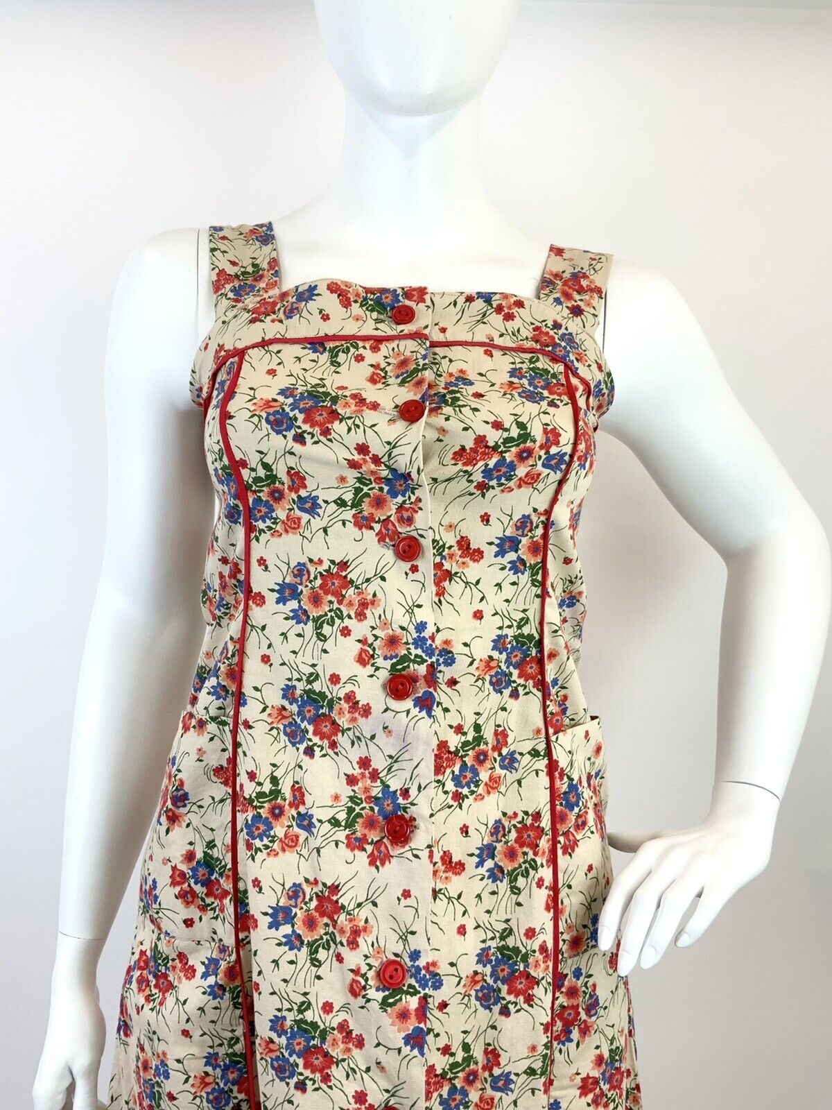 VTG 60s 70s BEIGE RED BLUE GREEN FLORAL VINE BOHO APRON PINAFORE SUMMER DRESS 14