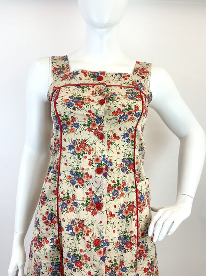 VTG 60s 70s BEIGE RED BLUE GREEN FLORAL VINE BOHO APRON PINAFORE SUMMER DRESS 14